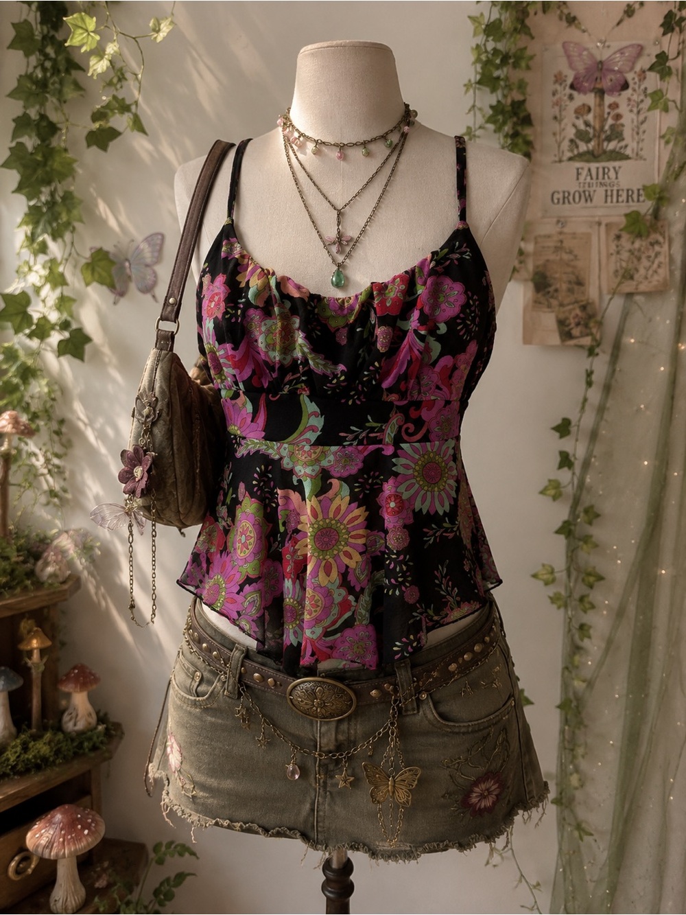 Self Esteem Black Floral Peplum Cami with Pink and Green Accents